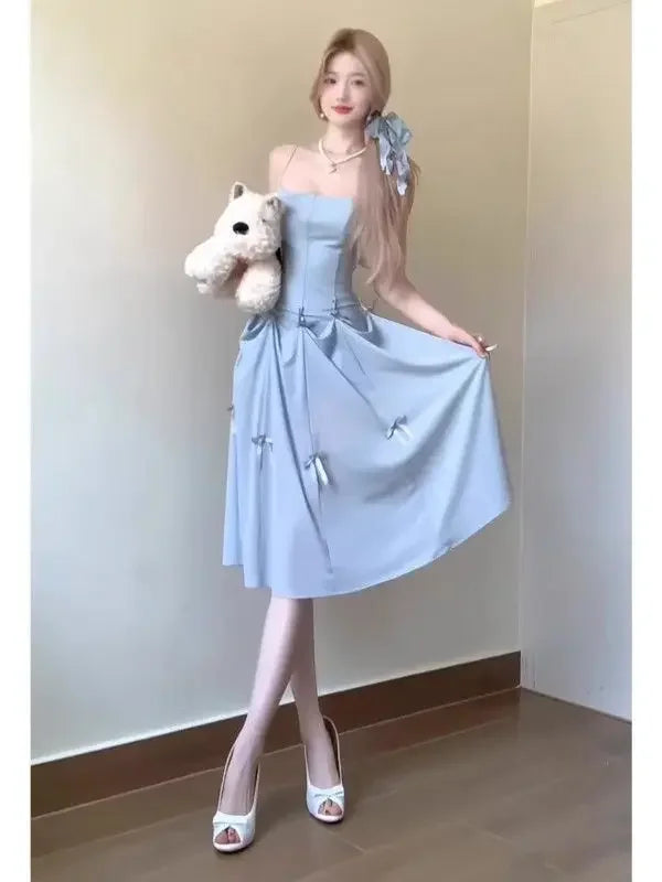 Blue Butterfly Knot Pure Desire Dress Versatile Beautiful Unique Elegant Long Skirt round Neckline Sleeveless Loose Waist