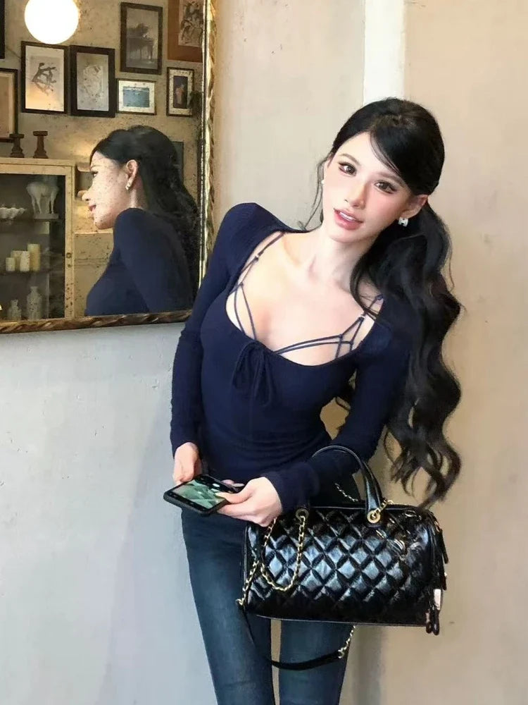 Sexy Square Neck Lace Up Knit Top Women Korea Fashion Slim Fit Long Sleeve Sweater Harajuku Elegant Base Layer Outfits