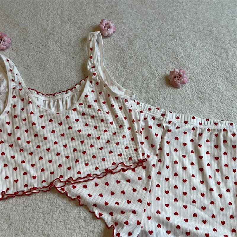 y2k Fairycore Women's Shorts Loungewear Set Heart Print Mini Bow Cami Tops with Elastic Waist Shorts 2 Pieces Sleepwear