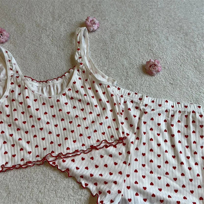 y2k Fairycore Women's Shorts Loungewear Set Heart Print Mini Bow Cami Tops with Elastic Waist Shorts 2 Pieces Sleepwear