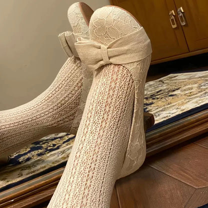 Spring New Round Toe Lace Bow High Heel Mary Janes Pumps Kitten Heel Sweet Walking Comfy Women Pumps Party Daily Shoes
