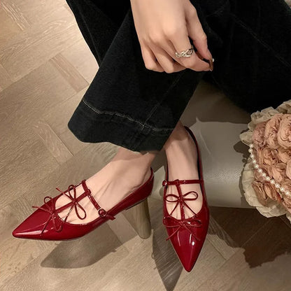T-strap Pointed Toe Flats Shoes Women Bowtie Buckle Strap PU Leather Elegant Red Mary Janes Shoes Ladies Party Black Pumps 2025