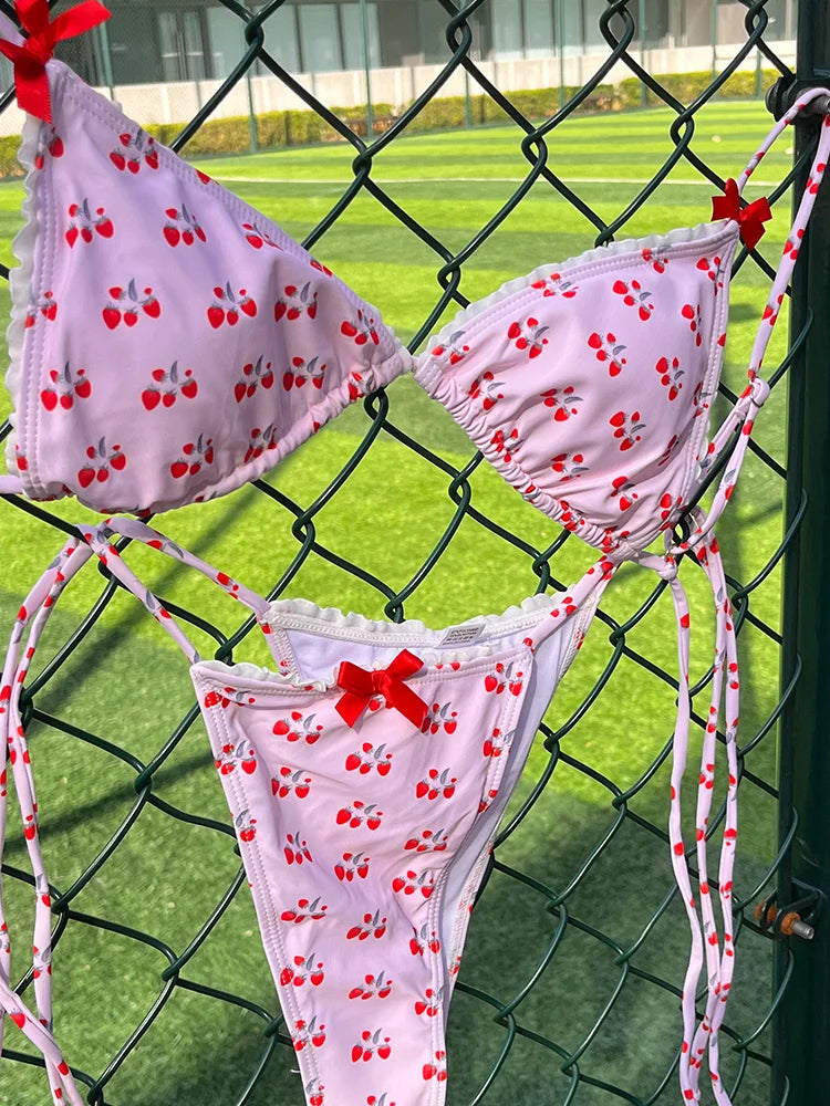Pink Bikini Sexy Swimwear Print Swimsuit Women 2024 Bow Bathing Suit Summer Biquini Thongs Bandage Beachwear New