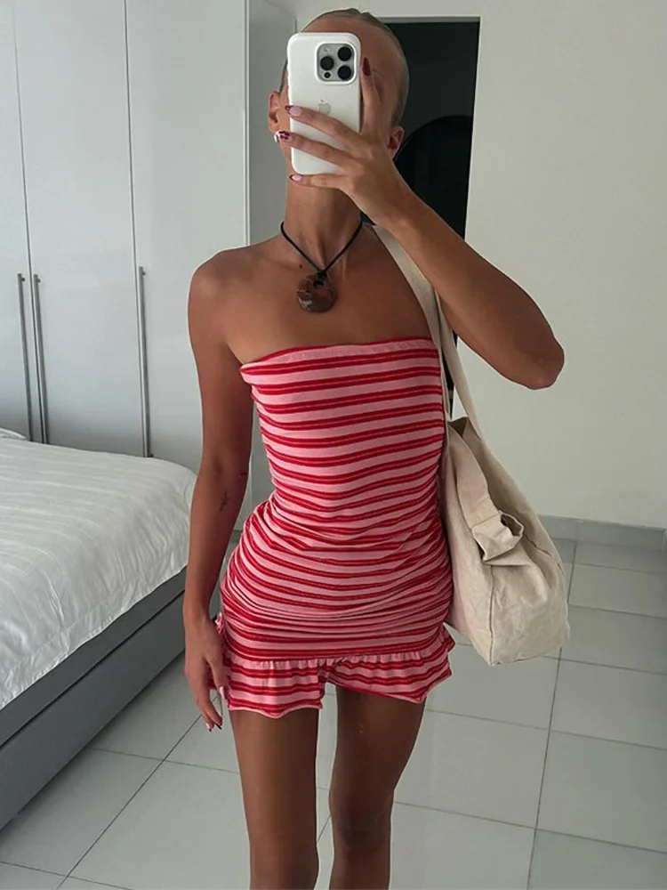 Stripe Contrasting Strapless Short Dress Women's Summer Clothing Beachwear Patchwork Ruffles One-piece Skirt Y2K Outfit