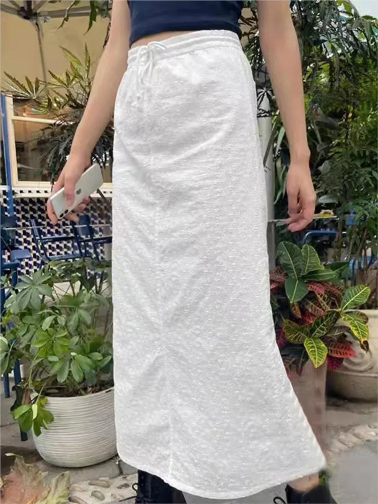 Casual White Hook Flower Embroiderylong Skirt Cotton New Elastic High Waist Drawstring Fashion Summer Skirts Holiday Beach