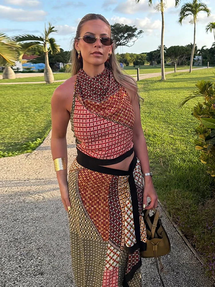 Women Color Block Print Two Piece Set Halter Neck Sleeveless Crop Top High Waist Irregular Midi Skirt Summer Vacation Suit