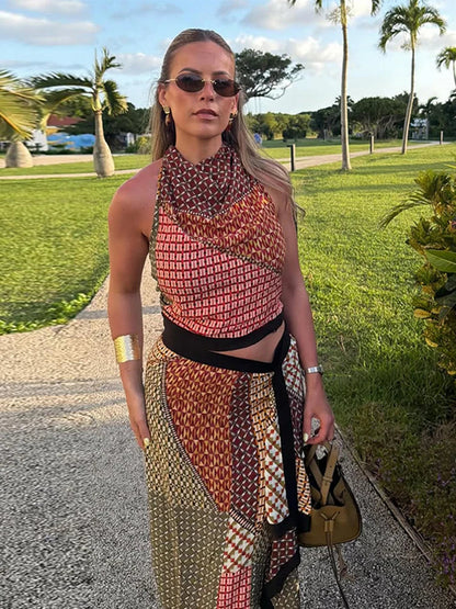 Women Color Block Print Two Piece Set Halter Neck Sleeveless Crop Top High Waist Irregular Midi Skirt Summer Vacation Suit