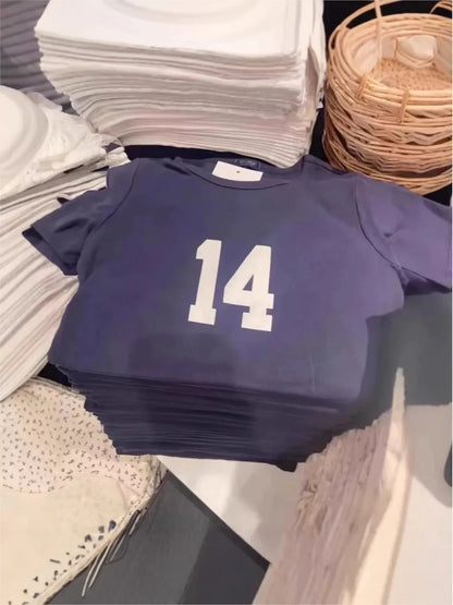 NO.14 Print Slim Navy T-shirts Women New Cotton Casual O-neck Short Sleeve Tees Girl American Vintage Streetwear Tshirt Y2K Tops