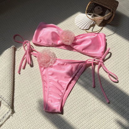 Summer Women Bikinis Strapless Brazilian Thong Biquini 3D Flower Solid Women Two Pieces Bathing Suit Swimsuit Beachwear