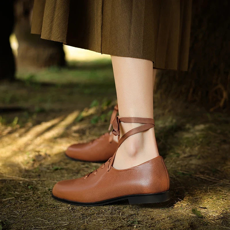 Women Basic Flats Real Leather Comfort Flats Round Toe Woman Lace-Up Daily Flats British Style Cowhide Retro Oxfords