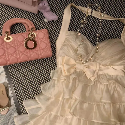 2000s Aesthetic Elegant Retro Women Summer Dresses Y2k Design Lace Beach Dress Female Bow Princess Chic Korean Popular Clothes
