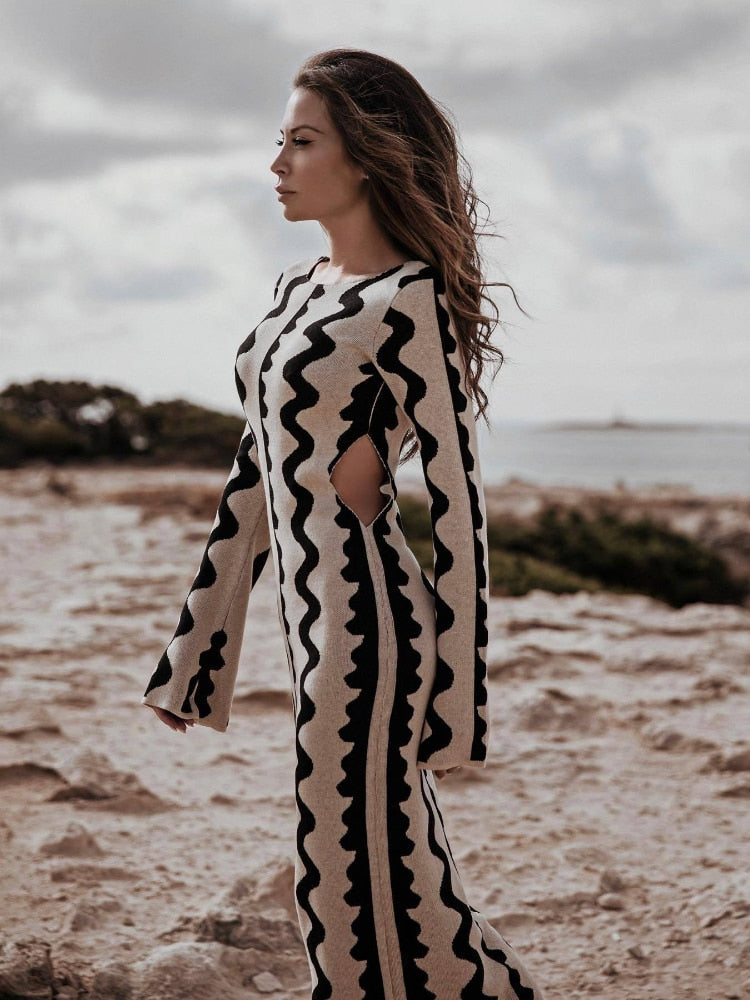 Crew Neck Zigzag Stripe Rib Knit Flare Cuff Waist Cutout Jumpsuit