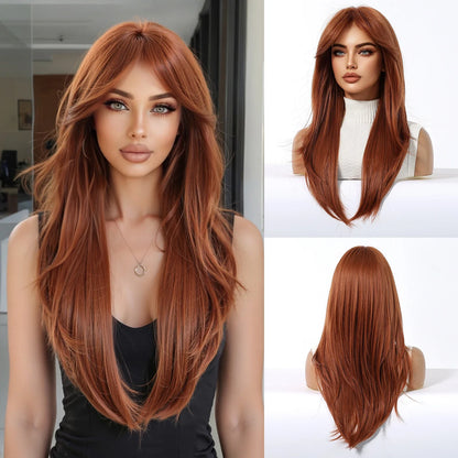 Black Highlight Rose Red Wig With Curtain Bangs 18inch Natural Layered Straight Synthetic Wig For Women Christmas Party Cosplay