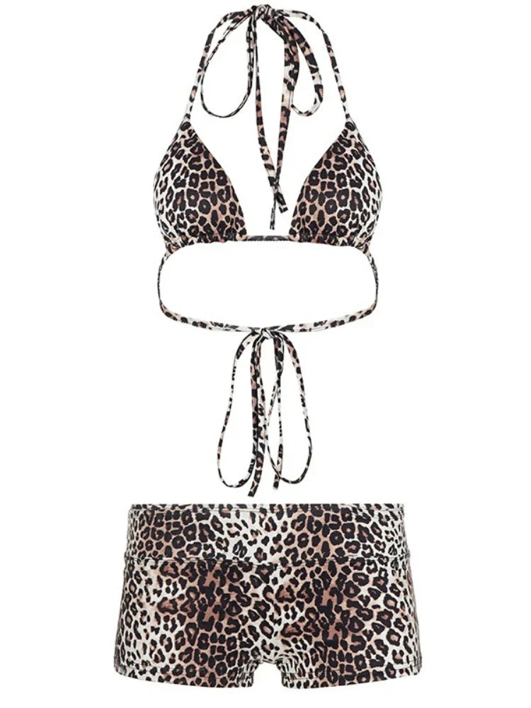 Women Leopard Print Bikini Set Sexy Wild Summer Beach Tie-up Triangle Bikini Top and Low Rise Boyshorts 3 Pieces Set