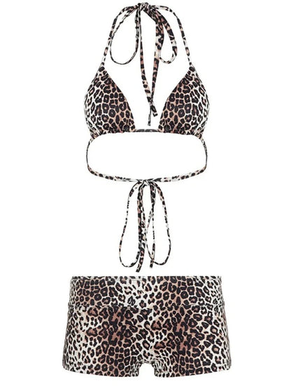Women Leopard Print Bikini Set Sexy Wild Summer Beach Tie-up Triangle Bikini Top and Low Rise Boyshorts 3 Pieces Set
