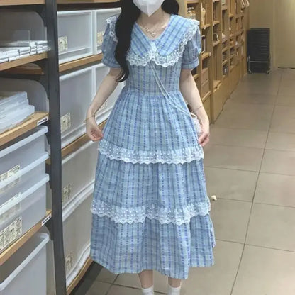 Dress Plaid Doll Collar Waist Sweet Knee-Length 2024 New Women'S Summer French First Love Gentle Style Long Skirt