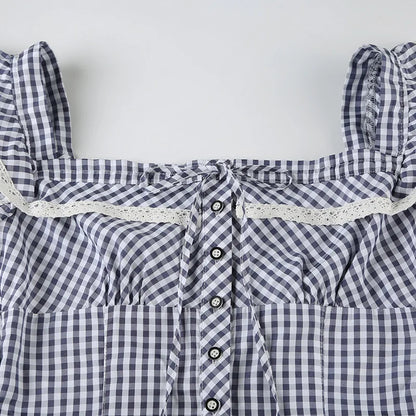 Sweet and spicy retro lace lace patchwork check shirt French daily basic cinched waist style school square neck top