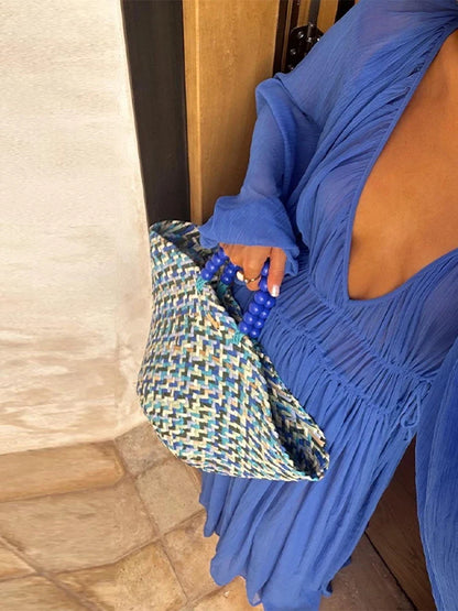 Elegant Pleated Long Dress Women Loose V Neck Long Sleeves High Waist Vestidos Female 2025 Summer Holiday Solid Evening Dresses