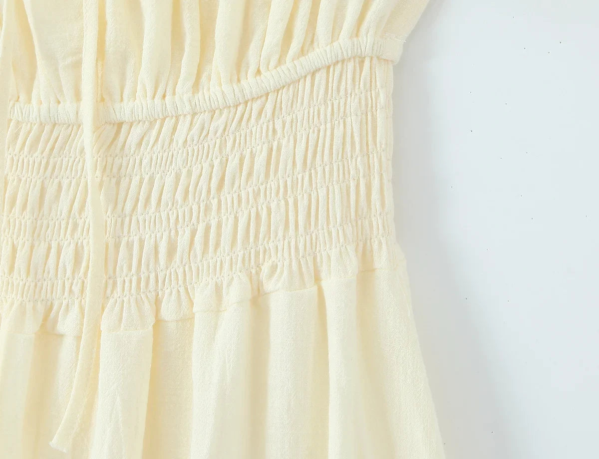 Vacation Style Casual Summer Dresses 2026 Women Square Neck Short Sleeve A-line Midi Dress Solid Robe