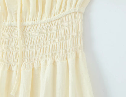 Vacation Style Casual Summer Dresses 2026 Women Square Neck Short Sleeve A-line Midi Dress Solid Robe