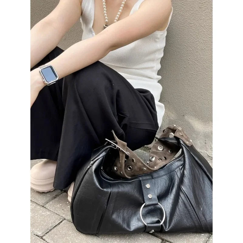 Y2k Punk Black Large Capacity Tote Bag Women Vintage Commuting Korean Trendy Shoulder Bag Motorcycle Designer Crossbody Bag