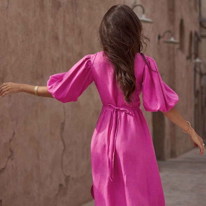 Puff Sleeve Wrap V Neck Side Slit Linen Midi Dress