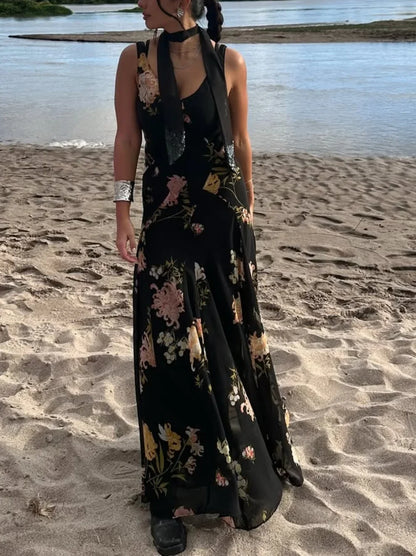 Women's Summer V-Neck Sleeveless Midi Dress Female Sexy Printed Pleated Decoration Sling Waist Evening Party Dress
