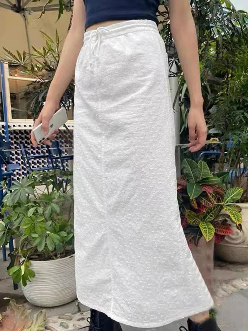 Casual White Hook Flower Embroiderylong Skirt Cotton New Elastic High Waist Drawstring Fashion Summer Skirts Holiday Beach