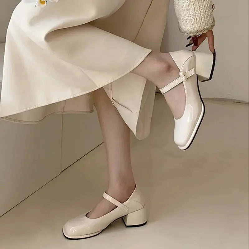 Pearl Square Toe Beige Women's Shoes Mary Jane With Medium Heels Chunky Luxury Leather Casual Japanese Style Lolita Gothic E 39