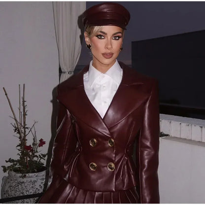 Double Breasted Faux Leather Blazer Pleated Mini Skirt Set