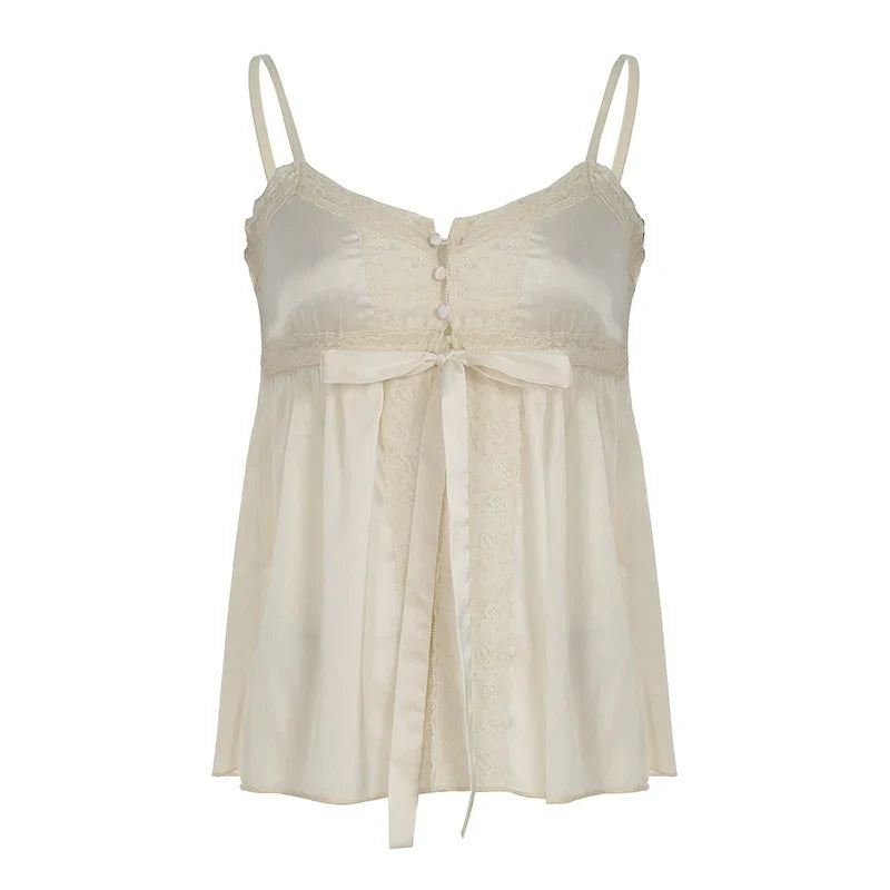 Lace Patchwork Button-up Camisole Fairycore Aesthetic Lace-up Sleeveless Tops Coquette V-neck Corset French Style Vest