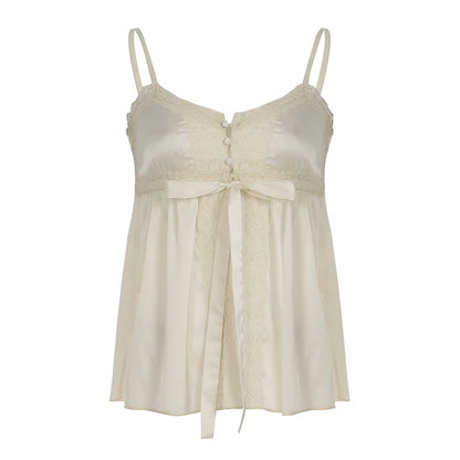 Lace Patchwork Button-up Camisole Fairycore Aesthetic Lace-up Sleeveless Tops Coquette V-neck Corset French Style Vest