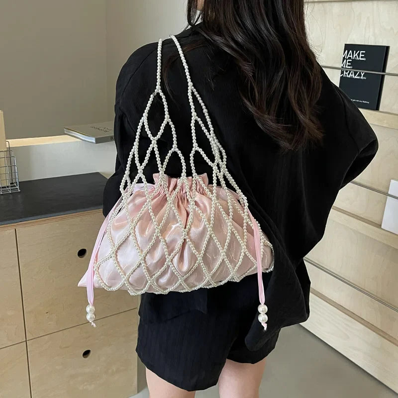 Fashion Hollow Out Beach Bag For Women Designer Handmade Woven Handbag Vintage Pearl Beading Bag 2 Set Mesh Tote Large Capacity