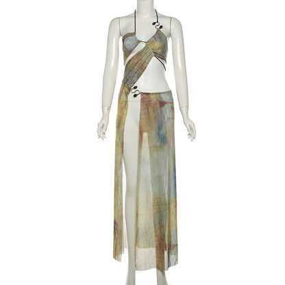 Tie Dye Print Women Sexy Vacation Maxi Dress Cut Out Lace Up Halter Backless Split Club Party Long Robe Beach Outfits Vestidos