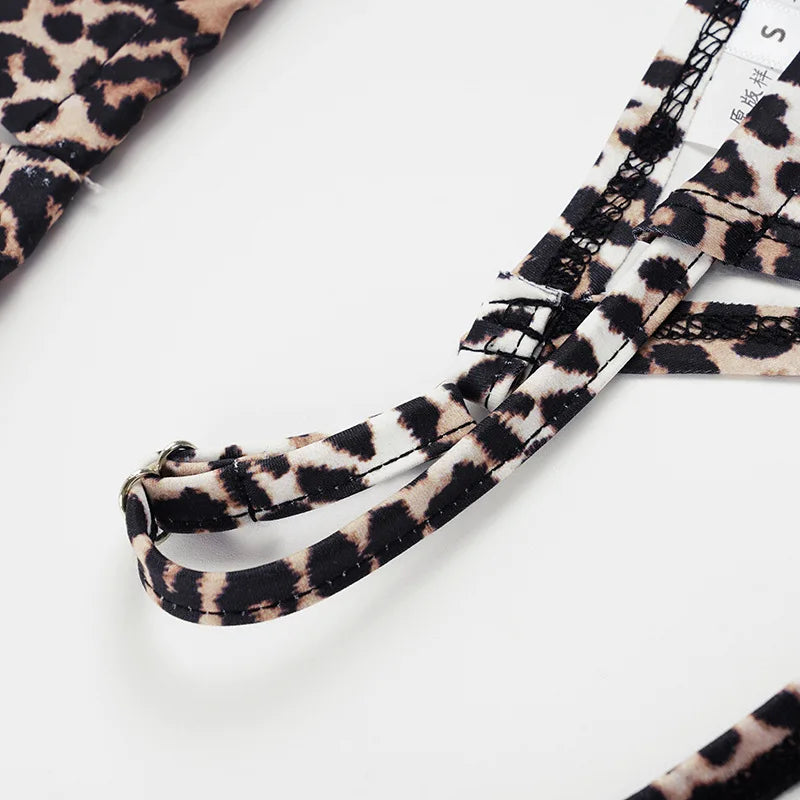 Women Leopard Print Bikini Set Sexy Wild Summer Beach Tie-up Triangle Bikini Top and Low Rise Boyshorts 3 Pieces Set