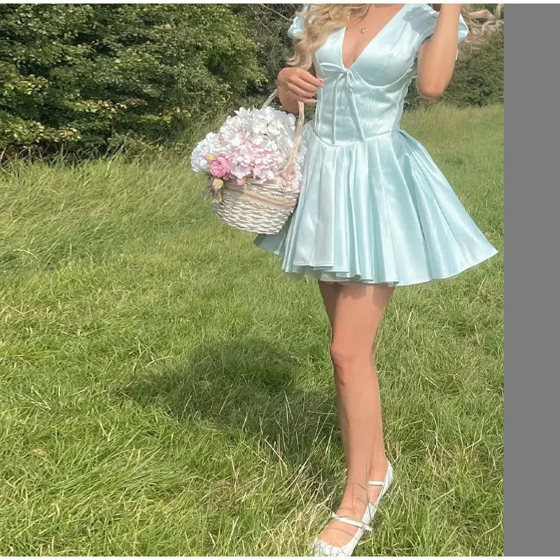 Women Elegant Satin Solid Lace Up Pleated Hem Dresses Chic V-neck High Waist A-line Mini Dress 2024 New Lady Evening Party Prom