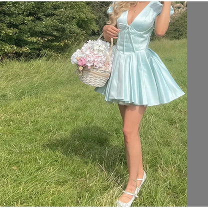 Women Elegant Satin Solid Lace Up Pleated Hem Dresses Chic V-neck High Waist A-line Mini Dress 2024 New Lady Evening Party Prom