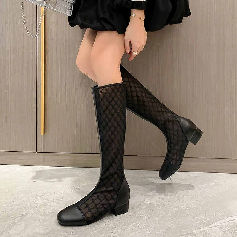 Knee High Mesh Hollow Out Lace Women Boots Round Toe Low Heels Solid Color New Fashion Elegant Concise Sweet Sexy Female Shoes