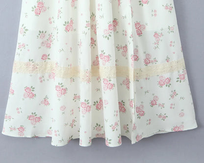 New 2025 Women Floral Print Elegant Sling Long Dress Sexy Thin Straps Hem Slit A-line Summer Holiday Dresses