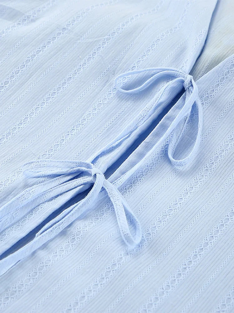 Blue Jacquard 100% Cotton Two Pieces Sets Women 2 Piece Set Oversize Lace Up Blouses Wide Legs Shorts Homewear Stripe Outfits