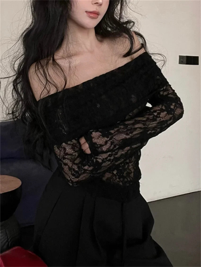 Spring Hot Girls Tees Sweaters Women Slash Neck Lace Hollow Out Slim 2024 Sweet New Sexy Off Shoulders Knitted