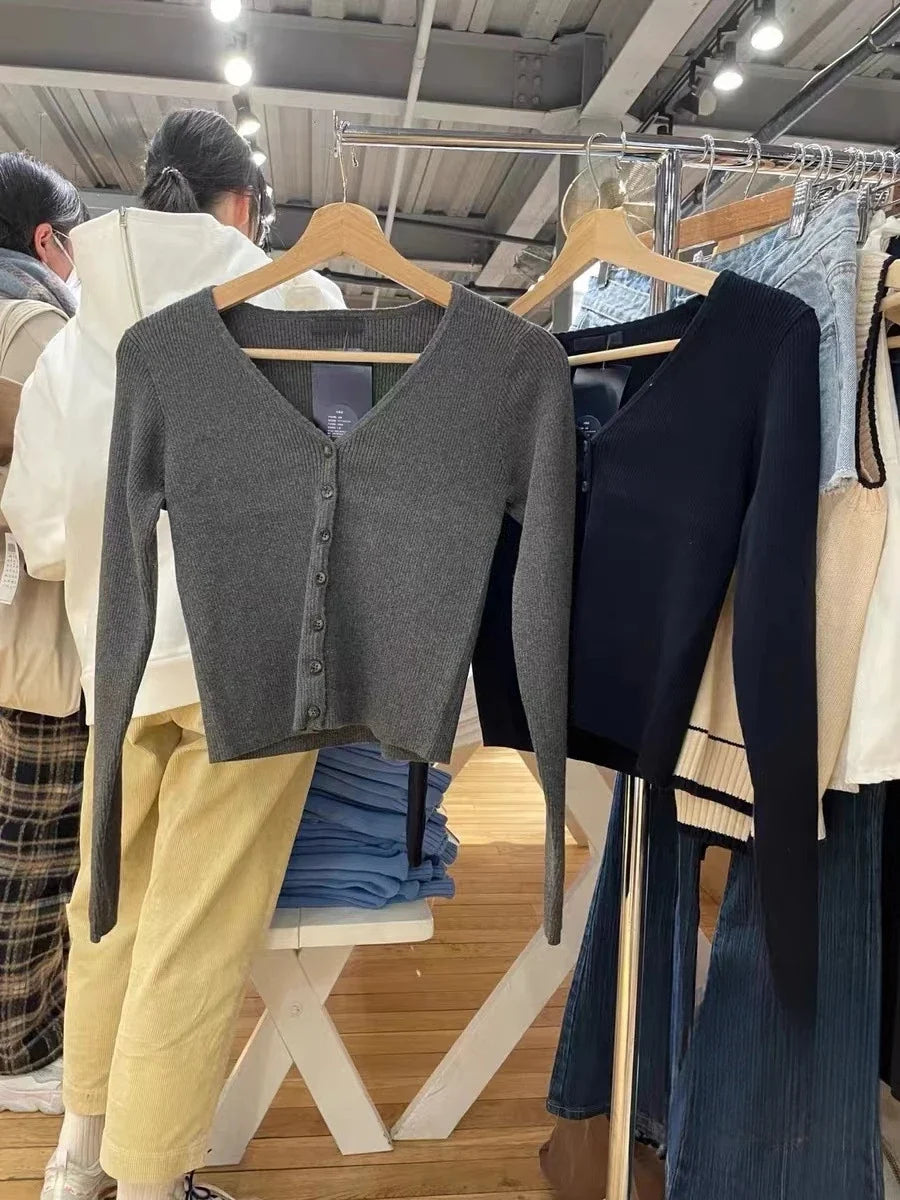 Ribbed Knitted Cardigan Women Autumn Winter Clothes Long Sleeve Streetwear Fashion Y2K Crop Tops Slim Fit Sweater Female