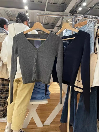 Ribbed Knitted Cardigan Women Autumn Winter Clothes Long Sleeve Streetwear Fashion Y2K Crop Tops Slim Fit Sweater Female