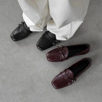 Elegant Burgundy Square Toe Loafers Women Fashion Metal Buckle Stitching Designer Shoes Comfortable Commuting Flat Office Shoes
