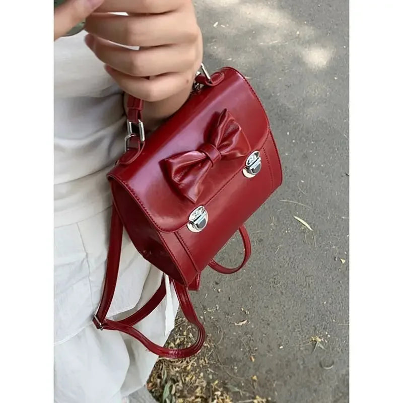 Elegant Womens Backpack Cute Bow Vintage Red Small Square Casual Backpack Fashion Gentle Advanced Female Korean Popular Bag