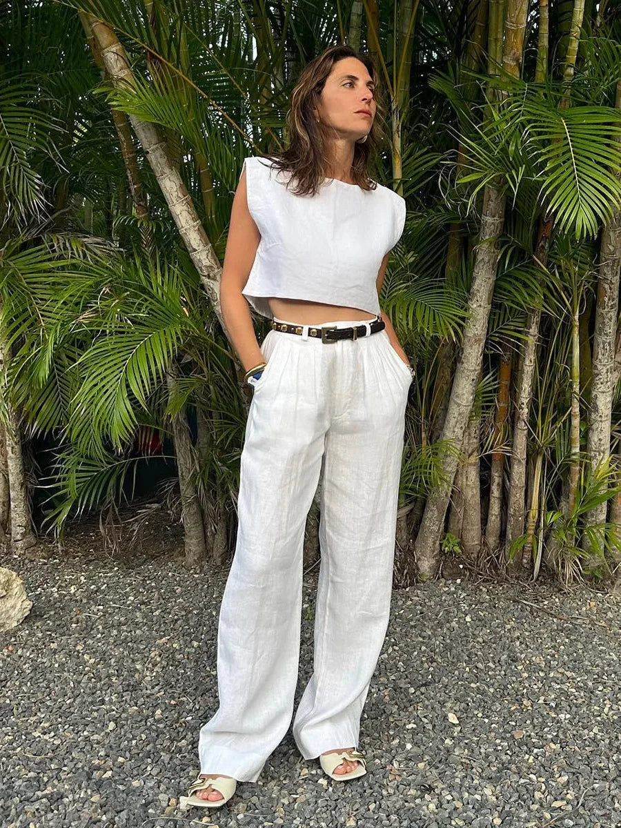 Women's Summer Cotton Linen Vest Pants Set Office Lady Chic Short Vest Casual Trousers Female Loose Long Pants Suits