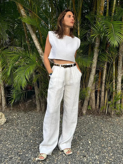 Women's Summer Cotton Linen Vest Pants Set Office Lady Chic Short Vest Casual Trousers Female Loose Long Pants Suits