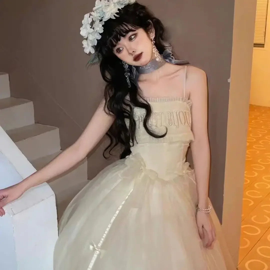 New Ballet Lolita JSK Dresses Women Flower Wedding French Long Suspender Dress Fairy Embroidered Lace Soft Maxi Dress
