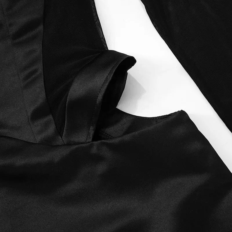 Sexy Cut Out Black Sheer Mesh Turtleneck Women Club Dresses 2025 Summer Fashion Patchwork Long Sleeve Y2K Dress Bodycon Mini