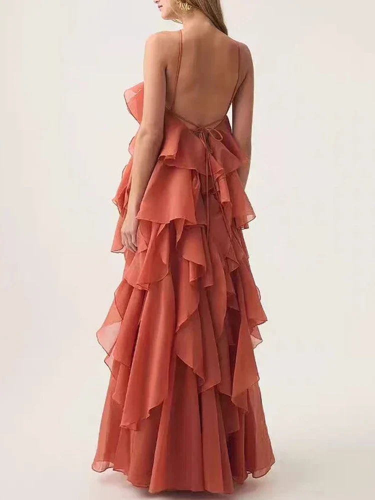 Halter Tiered Ruffle Cascading Flounce Maxi Gown
